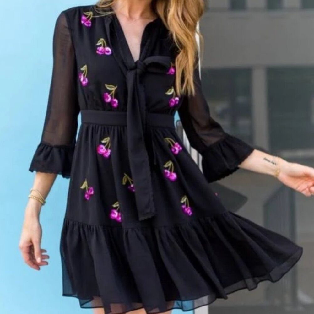 NWOT Kate Spade Black Chiffon Ruffle Mini Shirtdress Cherry Sequin BowTie M $428